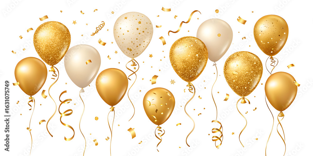 Collection of golden and white balloons with confetti and streamers ...
