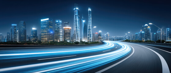 Poster - Smart city skyline with illuminated skyscraper and light trails on highway showing business growth and sustainable urban development at night