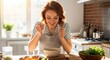 © soem - A woman in a kitchen, eating soup with a spoon.