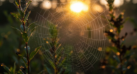 Raindrops on spider web with bokeh background