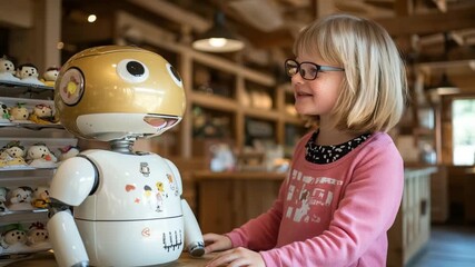 young girl with glasses smiles while looking at white gold robot on table focus for technology childhood human robot interaction playful friendly concept