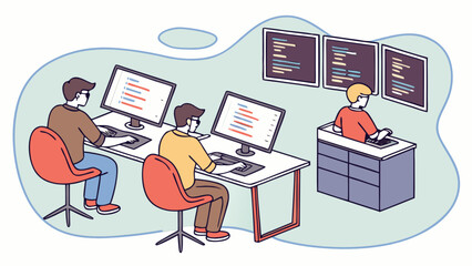 Illustration of software developers working on computers in an office environment coding together