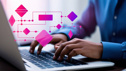 Person using laptop, digital workflow process, modern technology, vibrant pink and purple flowchart, business concept, efficient planning.