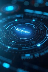 Poster - Abstract blue glowing circular interface displays full power, vertical composition. This high-tech digital design features concentric rings and vibrant light effects for futuristic backgrounds.