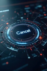 Poster - Futuristic interface design showcases a vibrant circular display with glowing blue and red accents, vertical composition. The central button features the word Cancel in a bright, clean typeface.