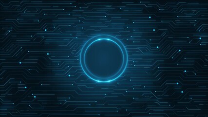 Digital animation glowing HUD interface symmetrical blue circuit lines, technology, data flow, artificial intelligence. for visuals of futuristic computing, neural networks, tech interface systems.