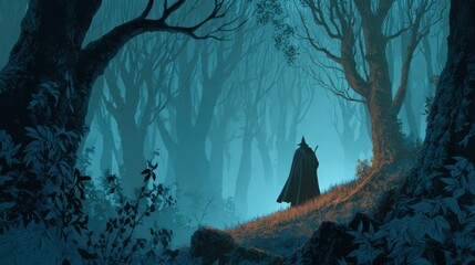 Wall Mural - a cloaked figure treads carefully along a narrow path in a mystical forest. the trees tower overhead