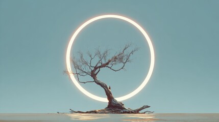 Wall Mural - a solitary tree rises from still water, surrounded by a serene landscape at dawn. a large glowing ri
