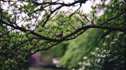 Wall Mural - small gray bird perched on a branch amidst lush greenery.