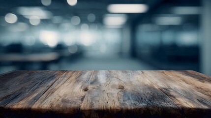 Wall Mural - a wooden table in a blurred office environment with professional lighting long title a wooden table 