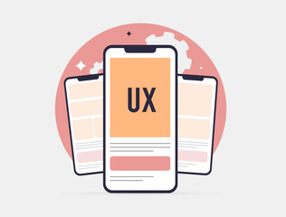 Mobile UX design with user interface testing, wireframes and usability optimization. Mobile UX design for improving user experience, navigation, user experience interaction flow vector illustration