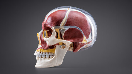 Split human skull with visible anatomy layers and transparent overlays, educational medical display on dark textured background 