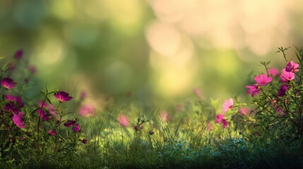 Wall Mural - lush meadow flowers in soft sunlight.