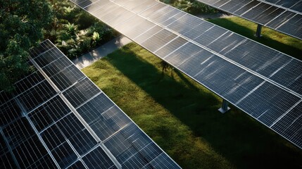 Solar panel array under blue sky, capturing renewable energy concept with golden hour sunlight.