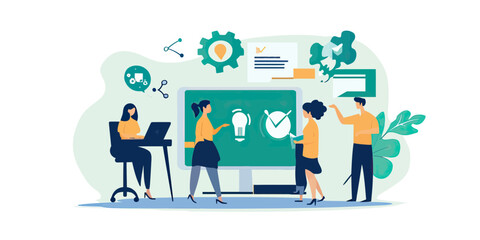 Business team discussing technology innovation and project strategy with digital interface and laptop in modern office workspace vector illustration
