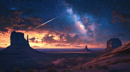 A shooting star across a beautiful night sky over a desert landscape - .