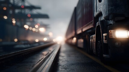 Poster - Intermodal shipping transport at night with multimodal lighting and sharp focus