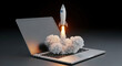 © ADD PHOTO - Rocket launching from laptop keyboard, symbolizing innovation, technology, startup, and digital growth, with dramatic smoke and fire effects in dark background