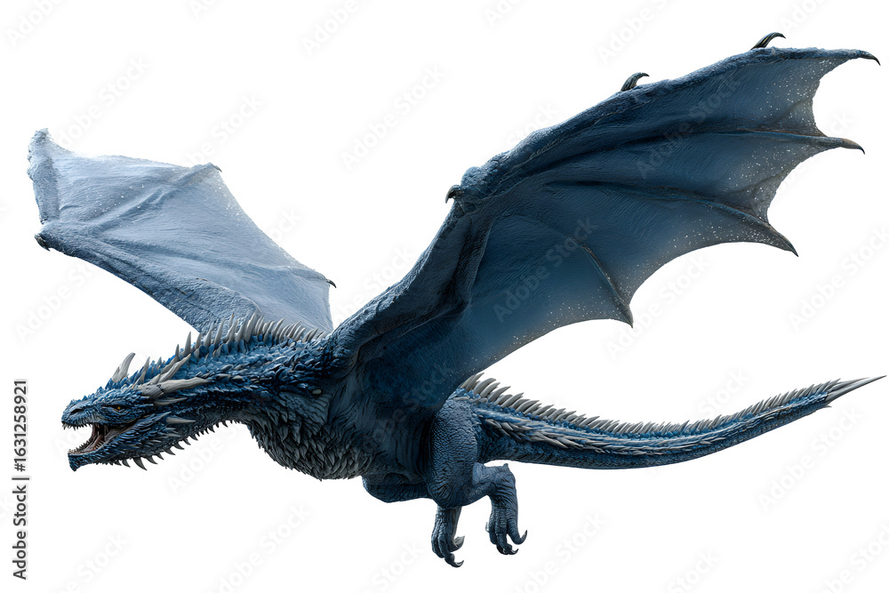 A fierce blue dragon with large wings and icy scales soaring through ...