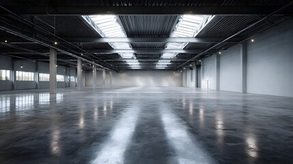 Poster - Vast modern warehouse with skylights and high  lighting