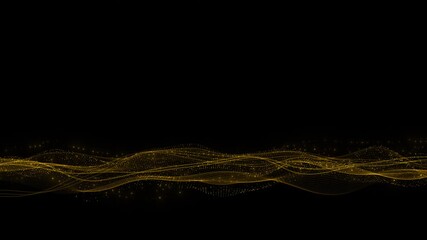 Wall Mural - abstract golden particle lines flow across wave motion on dark background. wave shape filled particl