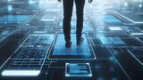A person stands on a glowing blue data interface, part of a vast digital floor grid with abstract lines and floating screens, stepping into a virtual world