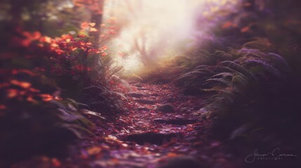 Wall Mural - a sunlit forest path winds through autumnal foliage.