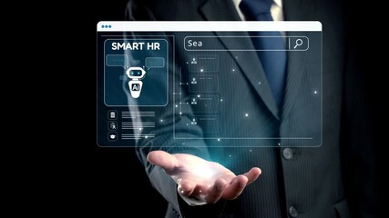 Poster - A professional in a suit presents a futuristic digital interface highlighting artificial intelligence tools for human resources, showcasing recruitment and employee management capabilities. Qubit