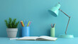 © Tohamina - Desk setup with open notebook pencils plant and desk lamp