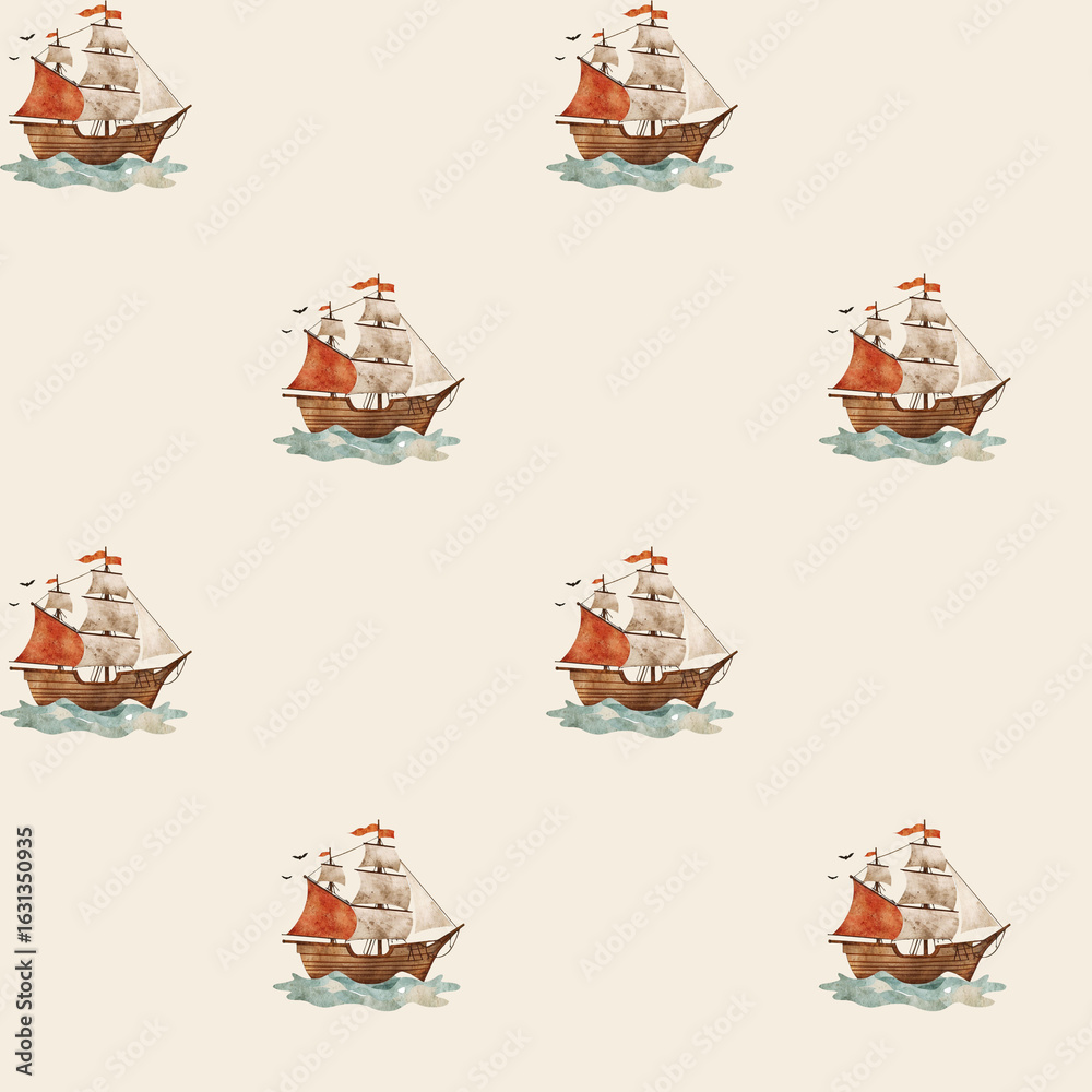 Cute watercolor pirate ship seamless pattern on light background Stock ...