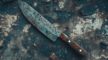 Weathered vintage chef knife with rustic texture on distressed surface