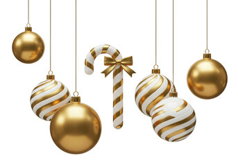 Wall Mural - Collection of golden christmas ornaments and a candy cane with a bow, hanging and isolated on transparent background