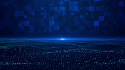 Wall Mural - animated digital waves glowing blue against grid background built pixel patches. use of futuristic s