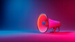 © Mohammad - A vibrant pink megaphone illuminated by blue and red neon lights, symbolizing modern communication, marketing announcements, and public alerts.