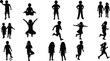 © Ideasy Mind - Children silhouette collection, kids playing, running, jumping, sitting, standing, childhood activity, diverse poses, black vector, isolated design, interaction