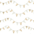 © Elena Malgina - Vintage flags garland watercolor seamless pattern on white. Simple retro repeat background in pastel beige colors for kids birthday and children apparel