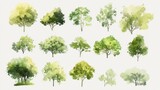 a professional environmental design resource collection featuring delicate watercolor vegetation symbols, a diverse array of tree canopy sizes with soft organic shapes, subtle green tonal variations