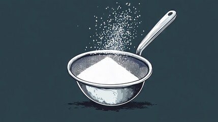 Wall Mural - a sharp, modern vector graphic featuring a medium-sized stainless steel strainer with fine mesh, depicted in a simple side-view layout sifted powdered sugar lightly settles inside, adding depth to