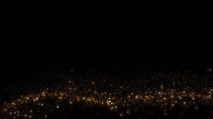 Wall Mural - golden glitter sparkling background particles flying in wind on black background, shot with depth of