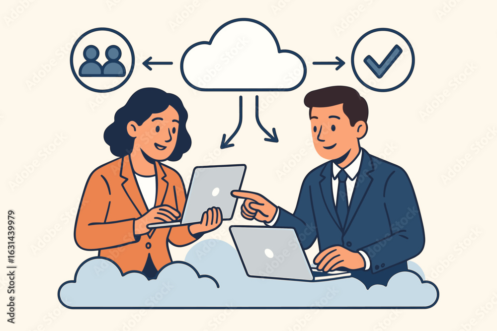 Business people work on cloud. Teamwork collaboration concept. Man and ...