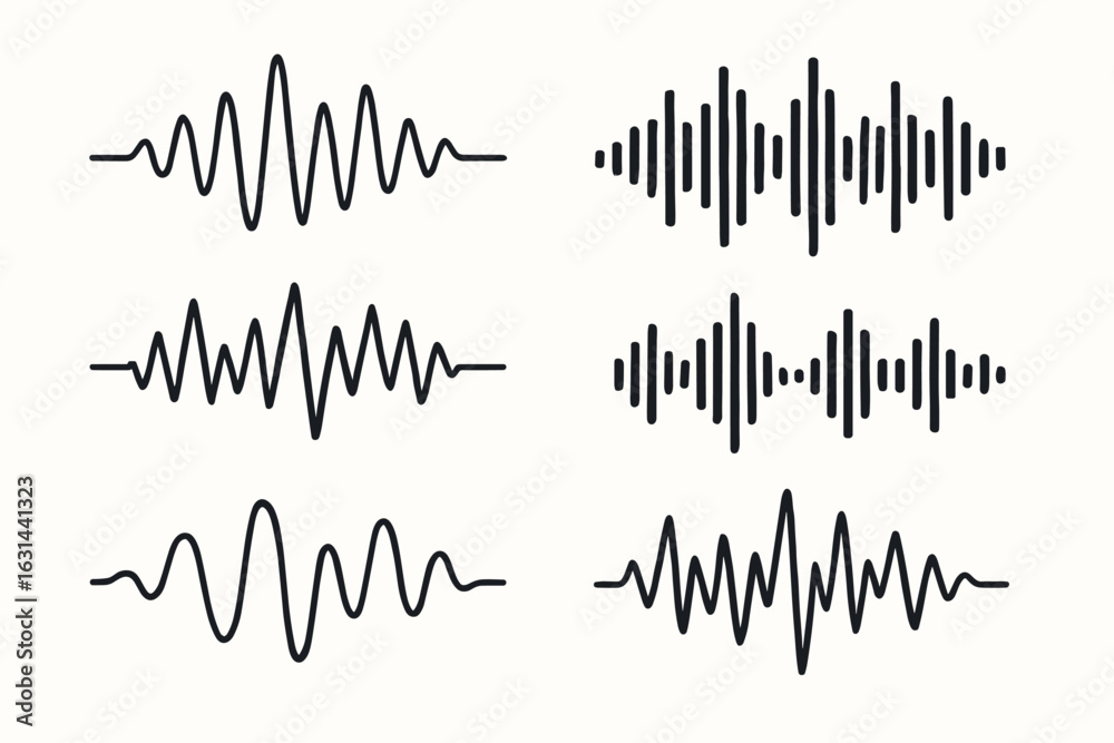 Sound waves set. Music waveform, audio spectrum, and equalizer graph ...