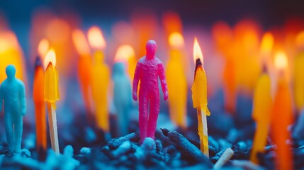 Wall Mural - A solitary figure stands amidst a sea of colorful candles. The vibrant shades create a stunning contrast. This image evokes emotion and introspection. Generative AI
