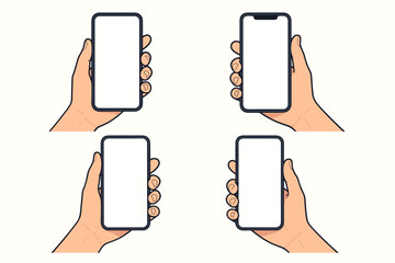 Mobile phone in hand vector mockup collection. Set of human hands holding smartphone with blank screen. Cellphone display template for app, UI, UX presentation.