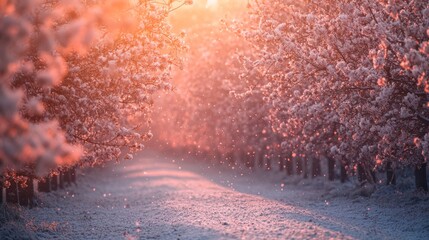 Wall Mural - a serene winter landscape filled with blooming trees and soft pink sunlight. the path invites explor