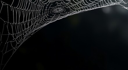 Spiderweb covered in dewdrops against a black background, creating a delicate and intricate natural pattern.