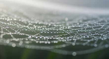 Glistening spiderweb adorned with sparkling dew drops in natural light