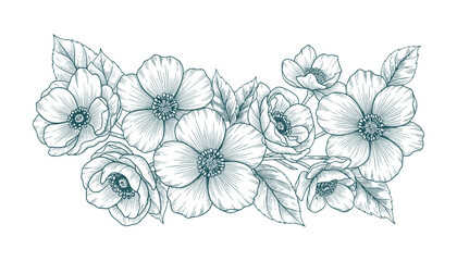 Poster - Botanical Floral Illustration with Line Art Flowers and Leaves. Teal Color Flower Bouquet. Hand Drawn Vector Illustration