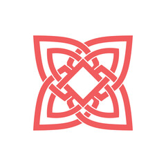 Poster - Ornamental Quaternary Knot Shape, Interlocking Lines, Coral Color on White Background. Vector Illustration