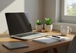 © Khawaja - Laptop and plants on desk near window in bright sunlight scene