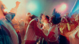 Vibrant dance party with people enjoying music, colorful lights create dynamic atmosphere, motion blur adds energy. Concept of concert, music rhythm.